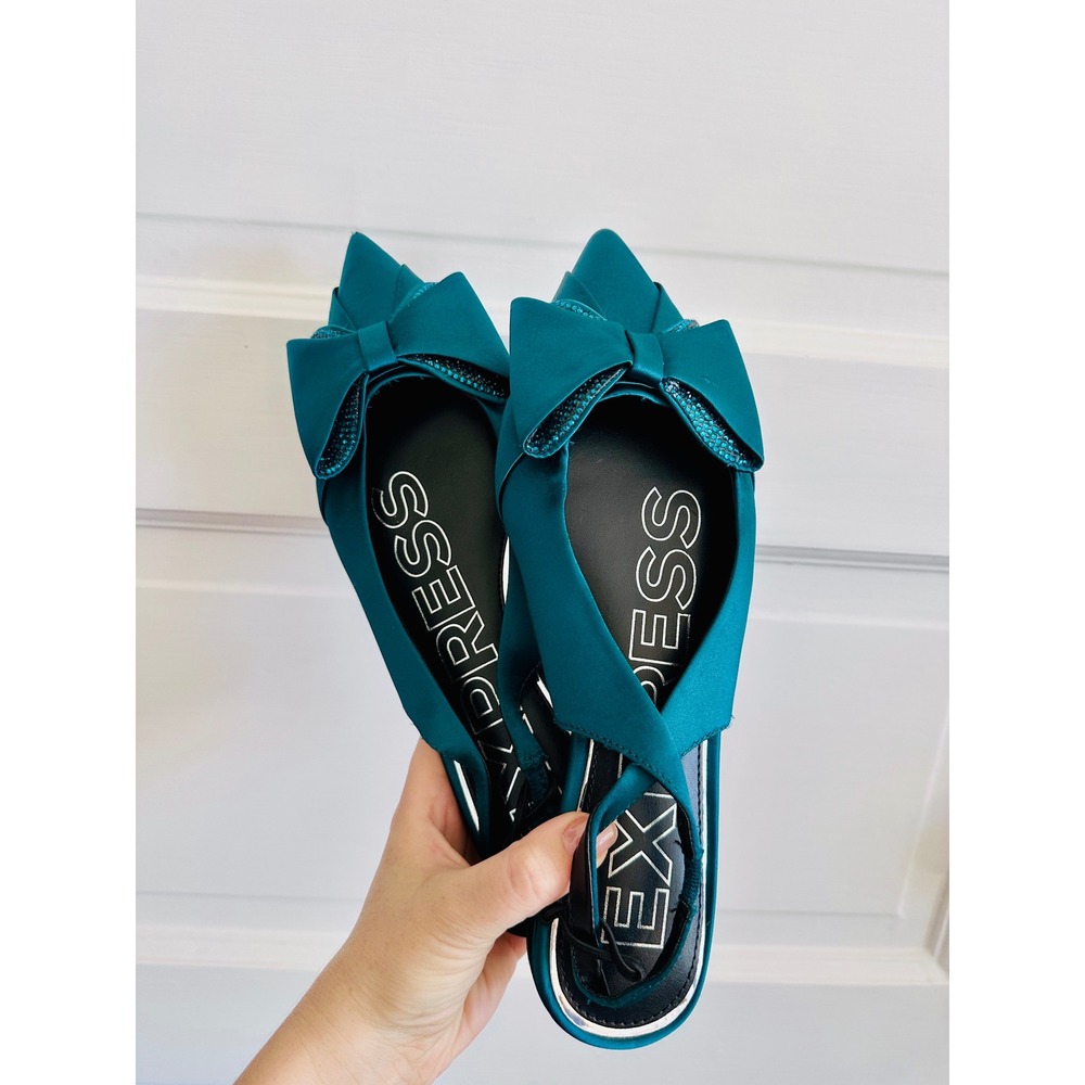 NWT Express Teal Satin Rhinestone Bow Pointed Toe Slingback Flats Size 7